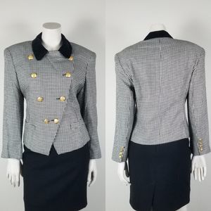Vintage Field Manor Houndstooth Academia Gold Button Velvet Collar Blazer Size 6
